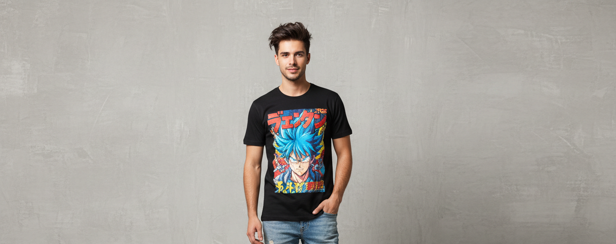 Man wearing a black t-shirt with colorful graphic design on a gray background